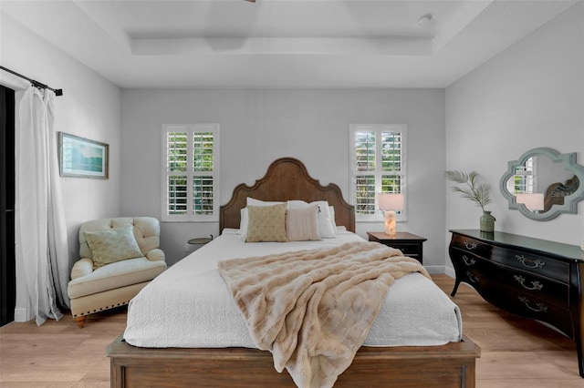 12705 Green Heron Way, Odessa, FL 33556 - bedroom with a tray ceiling, multiple windows, and light wood-style floors