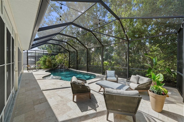 12705 Green Heron Way, Odessa, FL 33556 - outdoor pool featuring a patio, an outdoor living space, and glass enclosure
