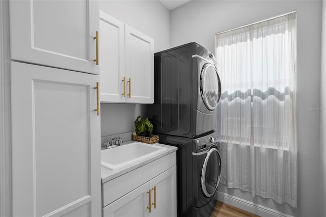 12705 Green Heron Way, Odessa, FL 33556 - washroom with estacked washer and dryer, cabinet space, and wood finished floors