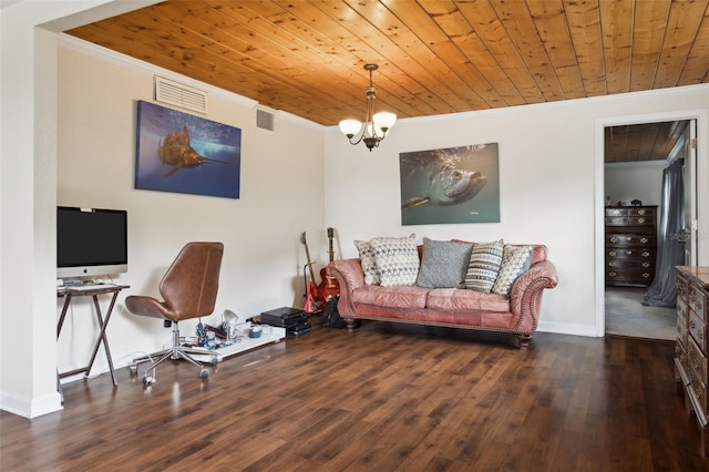 2814 W Humphrey St, Tampa, FL 33614 - living area with ornamental molding, wood finished floors, wood ceiling, a chandelier, and baseboards