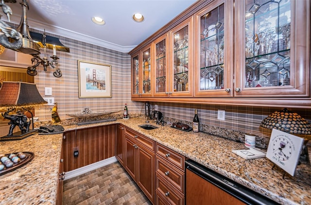 bar with ornamental molding, tasteful backsplash, recessed lighting, and a sink