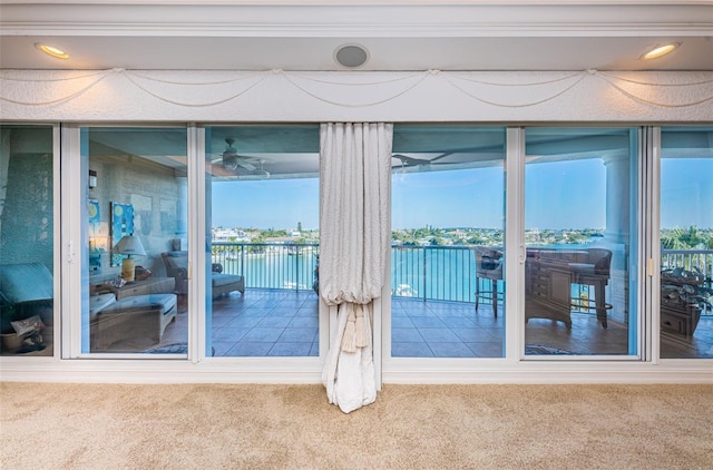 entryway featuring carpet, a water view, and a ceiling fan