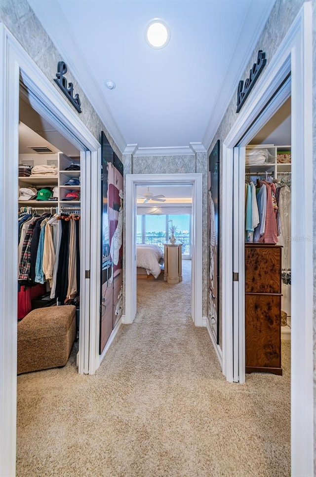 hallway with crown molding, carpet, and wallpapered walls