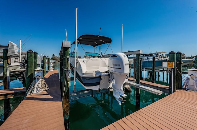 dock featuring boat lift and a water view