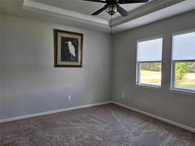 3776 Maxwell Park Dr, Sun City Center, FL 33573 - unfurnished room with a tray ceiling, carpet, baseboards, and ceiling fan
