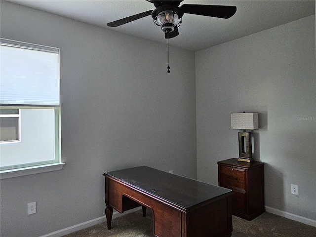 3776 Maxwell Park Dr, Sun City Center, FL 33573 - unfurnished office featuring plenty of natural light, a ceiling fan, baseboards, and dark carpet