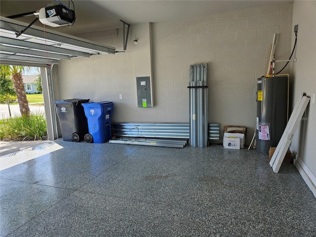 3776 Maxwell Park Dr, Sun City Center, FL 33573 - garage with a garage door opener, water heater, electric panel, and concrete block wall