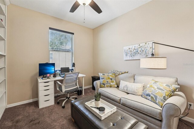 9917 Prevatt St, Gibsonton, FL 33534 - carpeted home office with a ceiling fan and baseboards