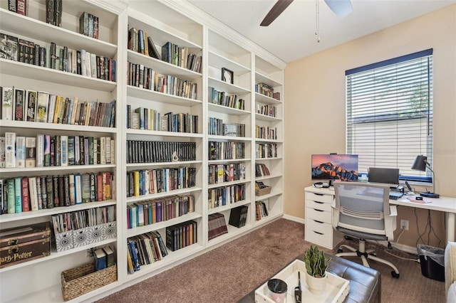 9917 Prevatt St, Gibsonton, FL 33534 - carpeted office featuring bookshelves, ceiling fan, and baseboards