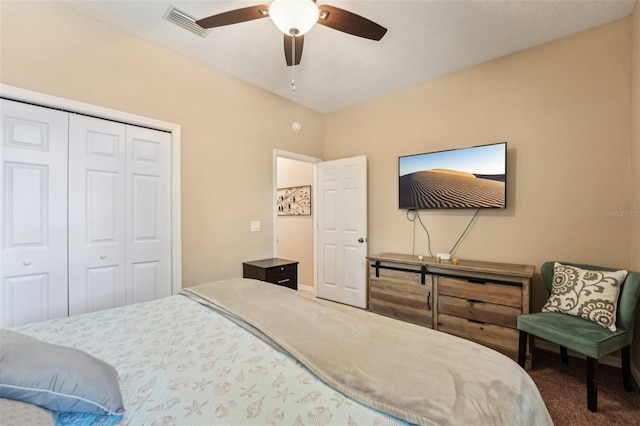 9917 Prevatt St, Gibsonton, FL 33534 - carpeted bedroom with a closet and ceiling fan