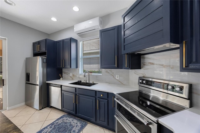 17809 Sandpine Trace Way, Tampa, FL 33647 - kitchen with stainless steel appliances, an AC wall unit, a sink, blue cabinets, and light countertops
