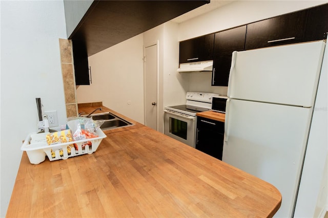 kitchen with freestanding refrigerator, under cabinet range hood, electric range oven, butcher block countertops, and a sink