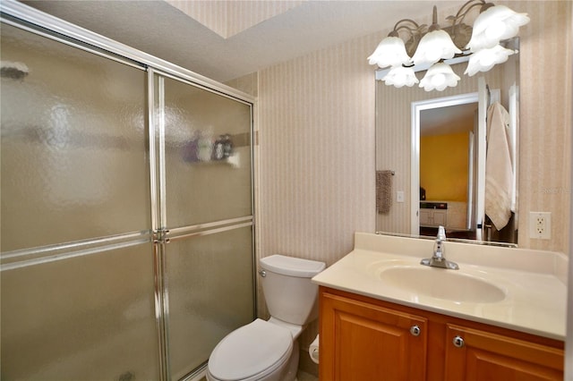 6150 Gulfport Blvd S Unit 302, Gulfport, FL 33707 - full bath with vanity, an enclosed shower, wallpapered walls, toilet, and a chandelier