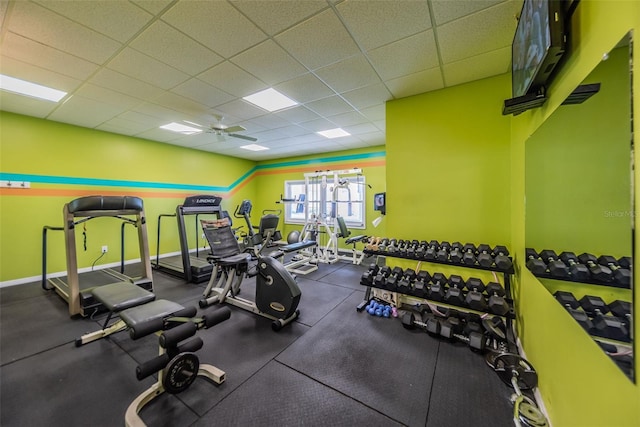 8 Glencoe Pl Unit 305, Dunedin, FL 34698 - exercise room featuring ceiling fan, a drop ceiling, and baseboards