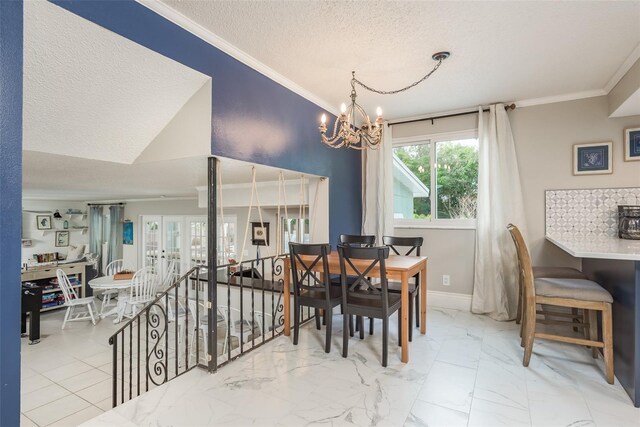 8240 144th Ln, Seminole, FL 33776 - dining space featuring a chandelier, a textured ceiling, crown molding, baseboards, and marble finish floors