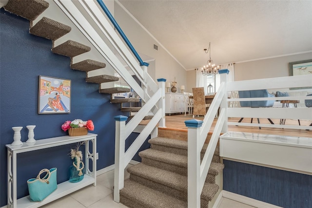 8240 144th Ln, Seminole, FL 33776 - stairs with crown molding, a chandelier, vaulted ceiling, baseboards, and tile patterned floors
