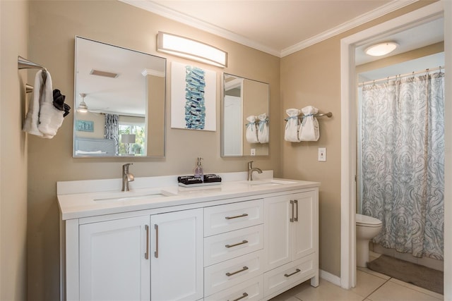 8240 144th Ln, Seminole, FL 33776 - bathroom featuring double vanity, toilet, ornamental molding, tile patterned flooring, and a shower with shower curtain