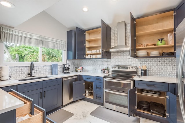 8240 144th Ln, Seminole, FL 33776 - kitchen with appliances with stainless steel finishes, open shelves, wall chimney range hood, a sink, and light marble finish flooring