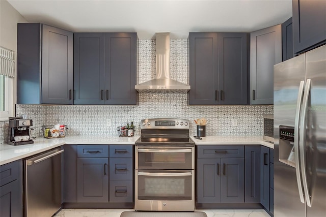 8240 144th Ln, Seminole, FL 33776 - kitchen featuring appliances with stainless steel finishes, wall chimney range hood, light countertops, and tasteful backsplash