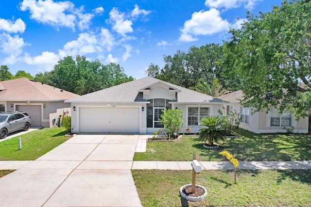 13523 Prestwick Dr, Riverview, FL 33579 - single story home featuring a garage, stucco siding, concrete driveway, a front yard, and a shingled roof