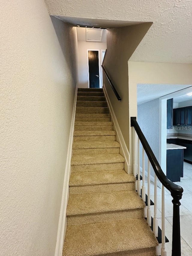 2557 Cedar Cypress Ct, Tampa, FL 33618 - stairs with a textured wall, a textured ceiling, and carpet