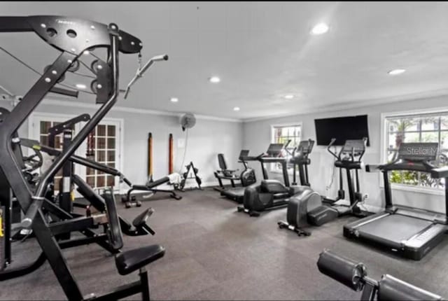 2557 Cedar Cypress Ct, Tampa, FL 33618 - gym featuring recessed lighting and ornamental molding