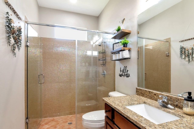 bathroom with a shower stall, toilet, and vanity
