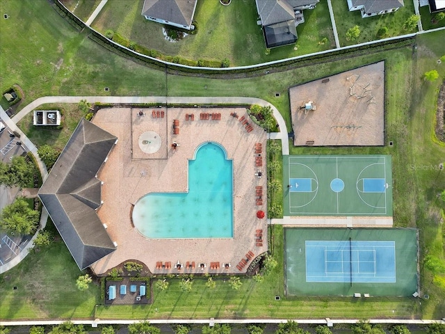aerial view of a pool area