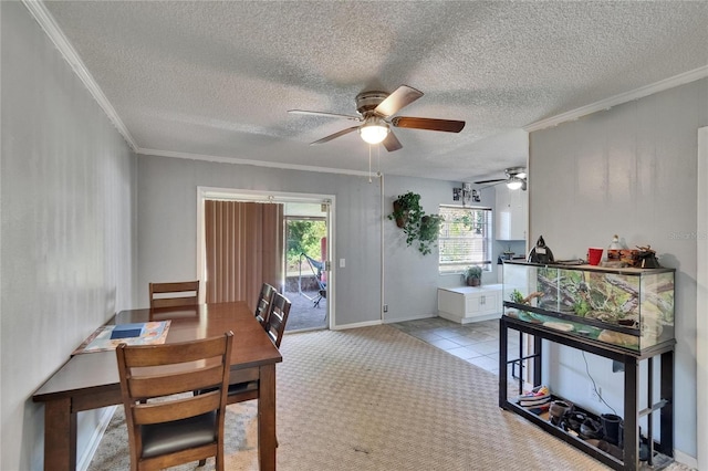1716 Bayou Cir, Lakeland, FL 33803 - dining room with a ceiling fan, crown molding, a textured ceiling, and baseboards