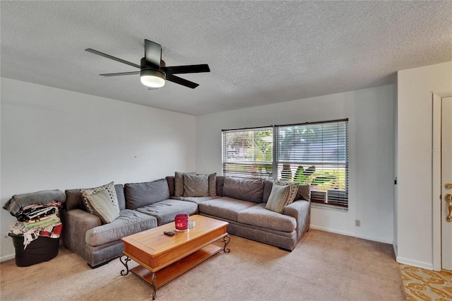 1716 Bayou Cir, Lakeland, FL 33803 - living area featuring a ceiling fan, light colored carpet, a textured ceiling, and baseboards