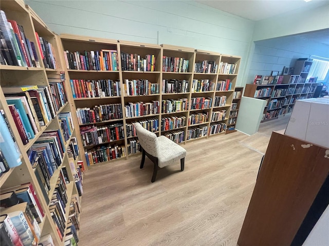 2011 58th Ave N Unit 20, Saint Petersburg, FL 33714 - living area with wall of books, wood finished floors, and concrete block wall