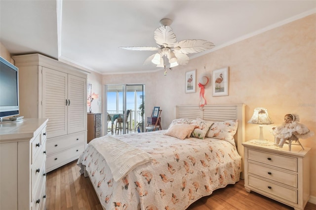 17980 Gulf Blvd Unit 505, Redington Shores, FL 33708 - bedroom with light wood-style flooring, access to outside, crown molding, and ceiling fan