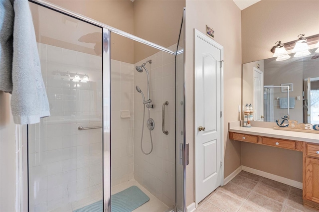 25942 Risen Star Dr, Wesley Chapel, FL 33544 - bathroom featuring vanity, a stall shower, and tile patterned floors