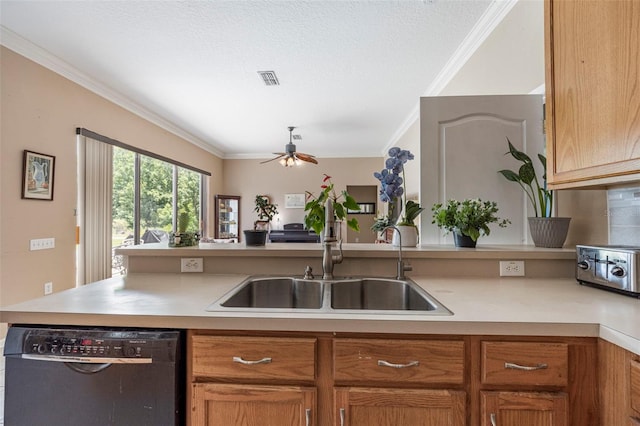 25942 Risen Star Dr, Wesley Chapel, FL 33544 - kitchen with dishwasher, crown molding, light countertops, ceiling fan, and a peninsula