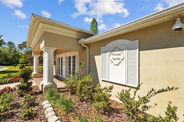 25942 Risen Star Dr, Wesley Chapel, FL 33544 - property entrance with stucco siding and french doors
