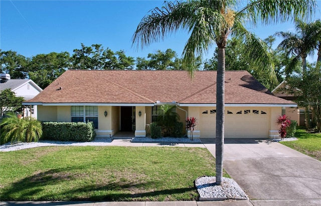 1599 Mcauliffe Ln, Palm Harbor, FL 34683 - ranch-style home with stucco siding, an attached garage, a front lawn, concrete driveway, and a shingled roof