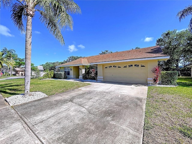 1599 Mcauliffe Ln, Palm Harbor, FL 34683 - ranch-style home featuring a garage, a front lawn, driveway, and stucco siding