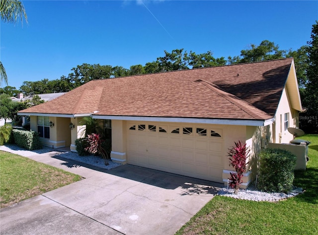 1599 Mcauliffe Ln, Palm Harbor, FL 34683 - view of front of home with stucco siding, roof with shingles, a garage, concrete driveway, and a front yard