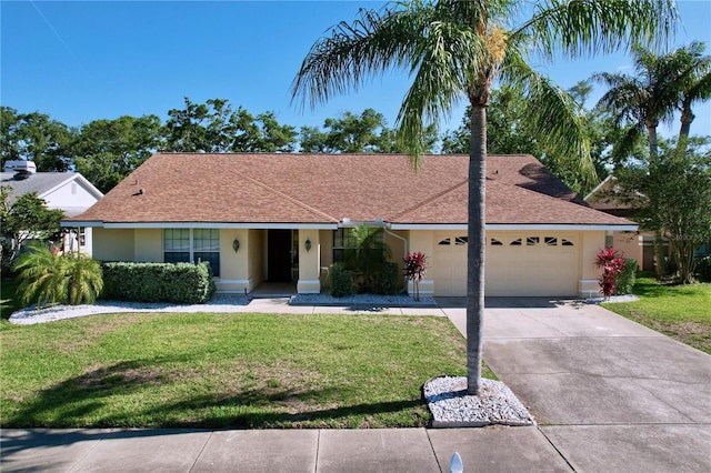 1599 Mcauliffe Ln, Palm Harbor, FL 34683 - ranch-style house with stucco siding, a garage, a front yard, driveway, and a shingled roof