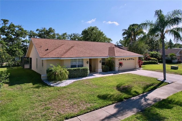 1599 Mcauliffe Ln, Palm Harbor, FL 34683 - ranch-style home featuring stucco siding, driveway, a front yard, and an attached garage