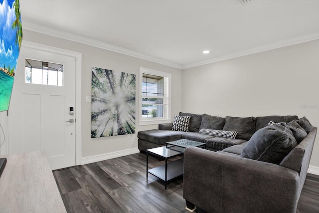 6020 N 50th St, Tampa, FL 33610 - living area featuring dark wood-style flooring, crown molding, baseboards, and recessed lighting