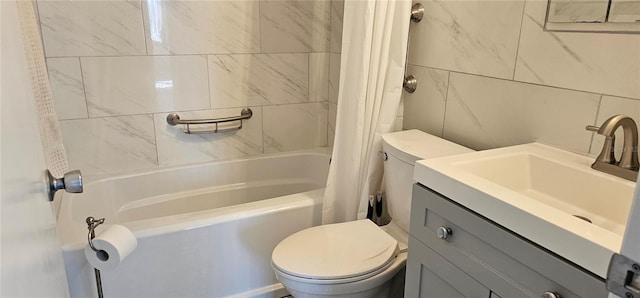 bathroom featuring toilet, tile walls, shower / bathtub combination with curtain, and vanity