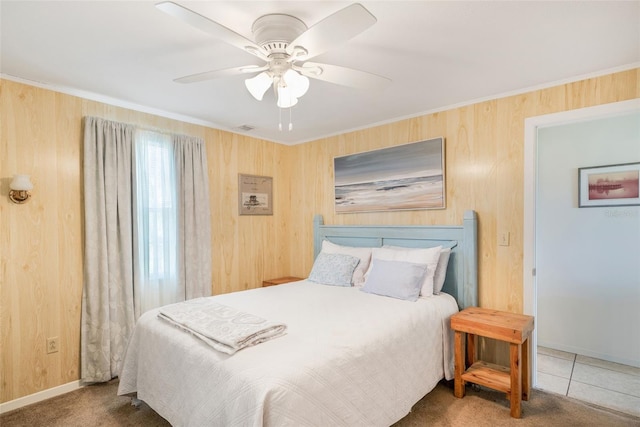 2220 S Coon Pt, Crystal River, FL 34429 - bedroom with ornamental molding, wooden walls, ceiling fan, baseboards, and carpet flooring