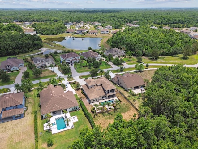 aerial view of residential area featuring a forest, a large body of water, and a pool area
