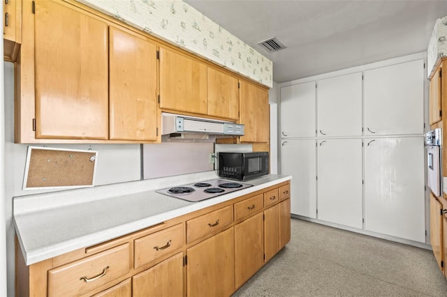 1675 Robin Hood Ln, Clearwater, FL 33764 - kitchen featuring black microwave, stovetop, oven, light countertops, and ventilation hood