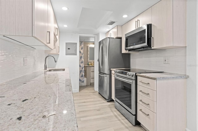 kitchen featuring appliances with stainless steel finishes, a sink, light wood-type flooring, tasteful backsplash, and recessed lighting