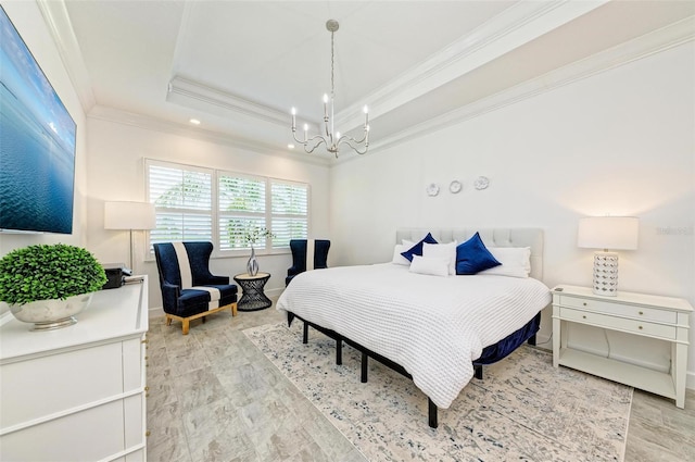 15525 Corona Del Mar Dr, Wimauma, FL 33598 - bedroom with crown molding, a raised ceiling, a chandelier, and recessed lighting