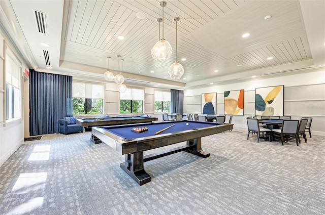 15525 Corona Del Mar Dr, Wimauma, FL 33598 - playroom with carpet, plenty of natural light, wooden ceiling, billiards table, and a raised ceiling