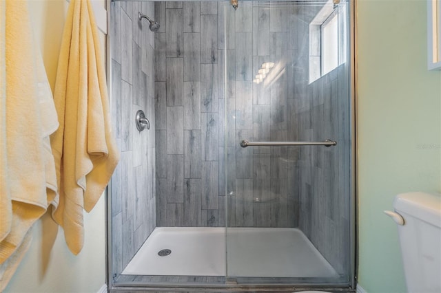 bathroom with a shower stall and toilet