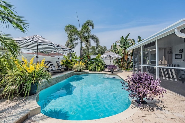 view of pool with a sunroom, a patio area, and fence